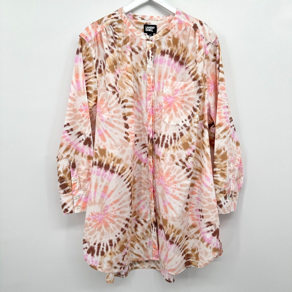 Lands End Tunic Top Shirt 2X Tie Dye Pockets Hippie Pastel Rainbow Boho Festival